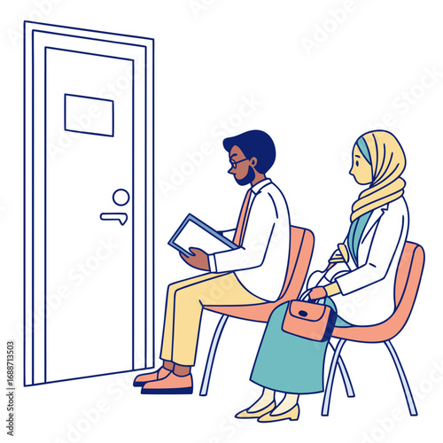 Diverse individuals patiently waiting in chairs outside a closed door for an appointment or interview