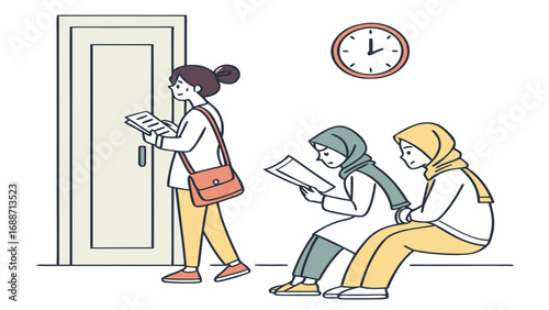 Diverse women in hijab and casual wear patiently waiting their turn in a queue near a door and clock