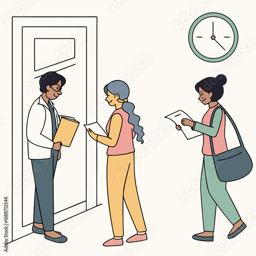 Doctor in lab coat discusses paperwork with patients in a waiting room with a clock on the wall