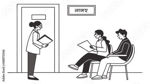Doctor in a clinic waiting room a female doctor stands near a door while patients wait for their appointments
