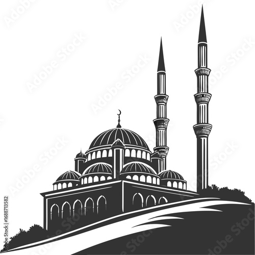 Elegant silhouette of a grand mosque with domes and tall minarets on a hilltop