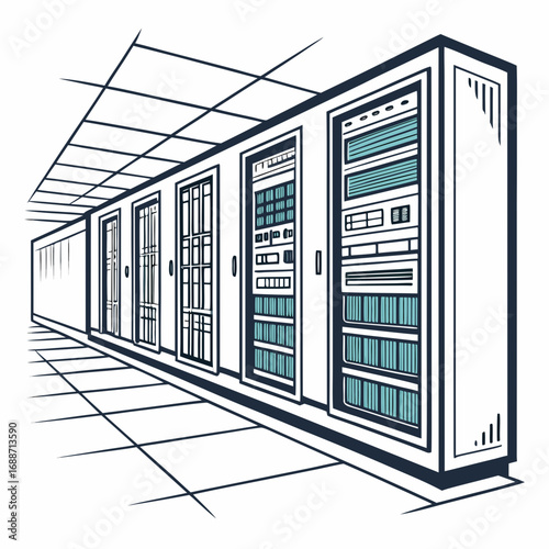 Illustration of a modern data center server room with rows of computer racks and a tiled floor