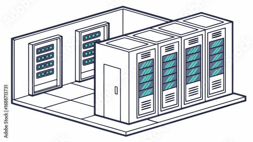 Isometric illustration of a modern server room with racks of computers and network equipment