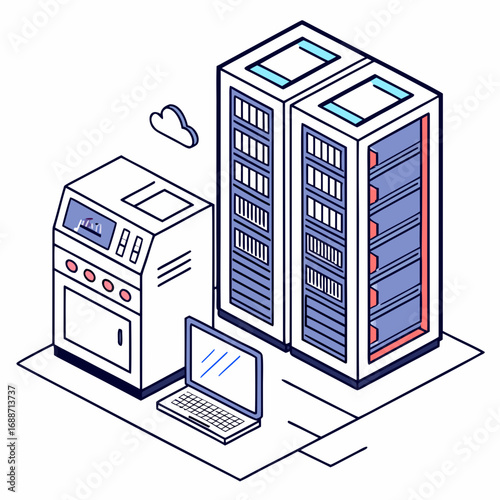 Isometric illustration of a server room with racks a mainframe computer and a laptop connected by cables