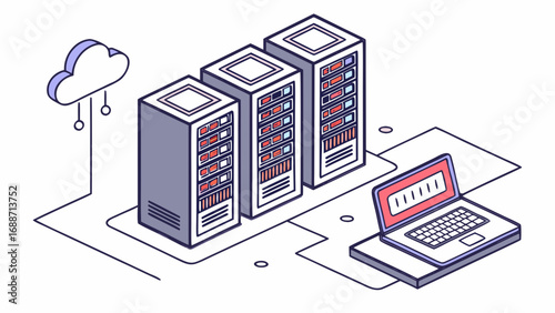 Isometric illustration of cloud computing and server racks connected to a laptop computer