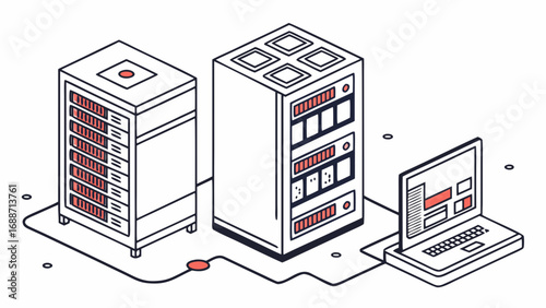 Isometric illustration of computer servers and a laptop connected by network cables and data flow