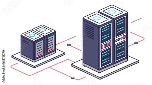 Isometric illustration of connected server racks in a data center network with glowing lights