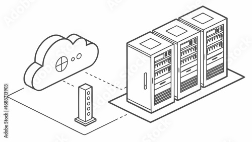 Isometric line art illustration of cloud computing connected to server racks and a router