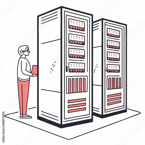 It professional with laptop standing next to server racks in a data center room