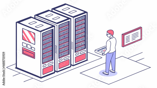 It professional in glasses works with server racks in a data center using a keyboard and monitor