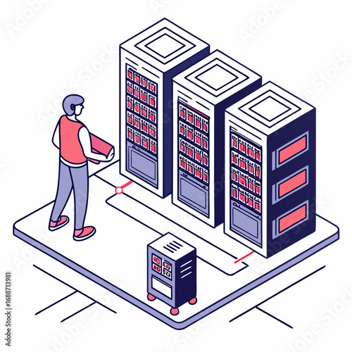 It technician working with servers in a data center managing technology infrastructure and digital information