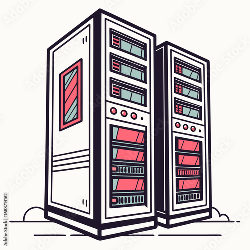 Modern data center servers rack mounted with glowing lights and digital displays in a clean graphic style