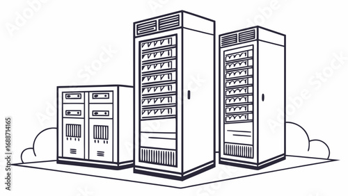 Modern data center with multiple server racks and networking equipment in a clean line art style