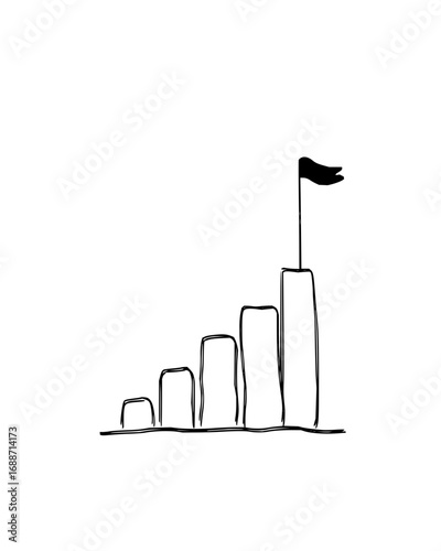 Vector art of hand-drawn bar chart with increasing bars and flag on top, symbolizing business growth, achievement, goal setting, and performance success