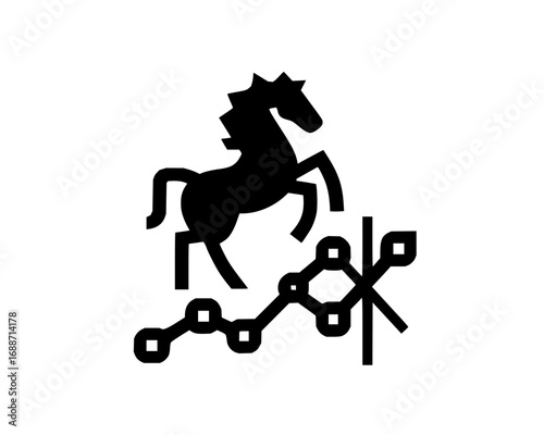 Vector art of black horse silhouette combined with chemical structure diagram, representing strength, innovation, science integration, and creative business identity