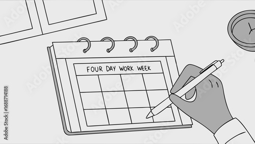 Planning a four-day work week schedule on a desk calendar with a pen.