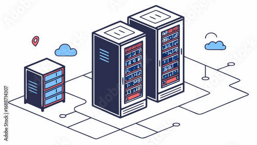 Modern isometric illustration of data center servers connected by network lines with cloud and location icons