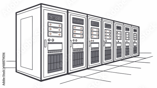Modern server rack cabinets lined up in a row on a tiled floor in a data center environment