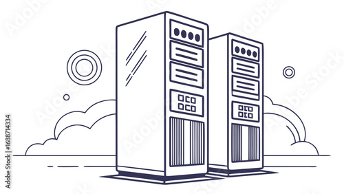 Modern line art illustration of two tall server racks in a digital landscape with clouds and circles