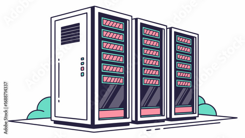 Modern server rack illustration with clean lines and a minimalist color palette for data centers