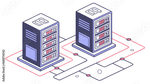 Modern isometric illustration of two connected server racks in a data center network infrastructure
