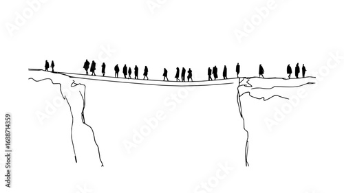 Vector art of group of people walking on a narrow cliff edge, symbolizing risk-taking, teamwork, collaboration, and navigating challenges in leadership and business