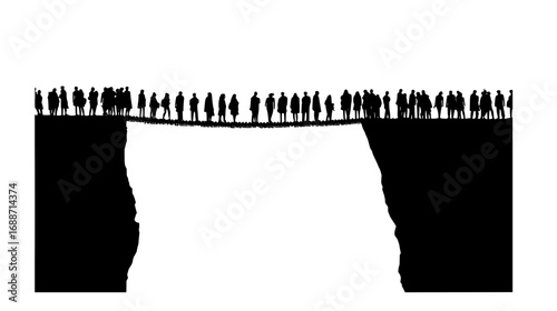 Vector art of silhouettes walking on a narrow bridge over a cliff in black and white minimalist design, symbolizing risk, teamwork, resilience, and overcoming challenges in business