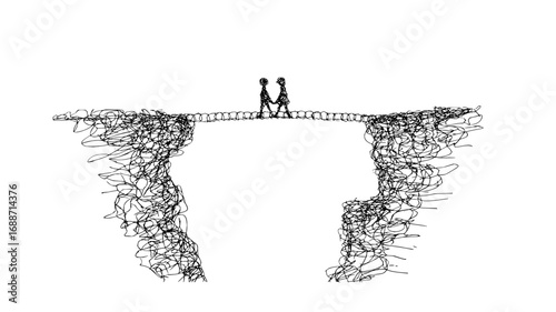 Vector art of couple standing on fragile bridge over an abyss in minimalist line art, symbolizing trust, connection, vulnerability, and resilience in relationships and business partnerships