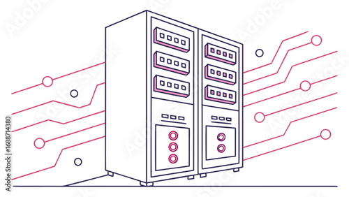 Modern server racks connected with abstract digital circuit lines and glowing nodes representing data flow