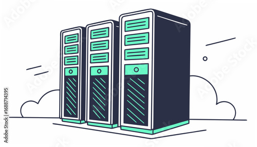 Modern server racks standing tall in a stylized cloud computing environment with a clean design