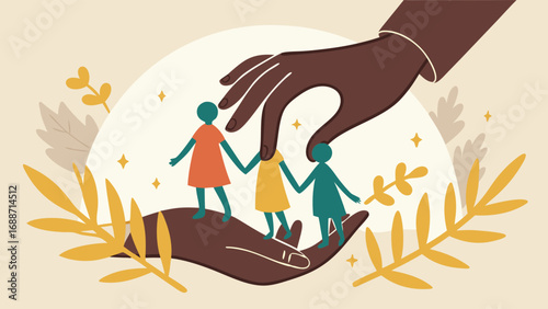 Protective Hands Sheltering Figures Illustration of Care Support and Wellbeing.