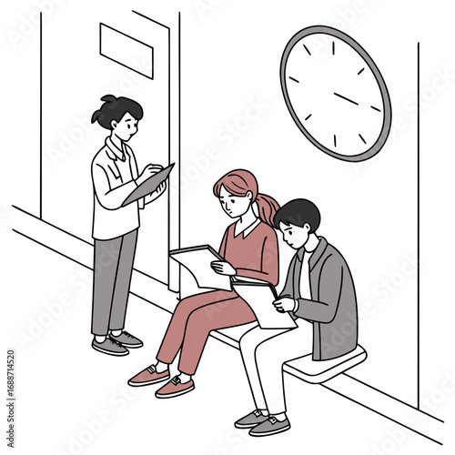 People waiting in line at a reception desk looking at documents while a staff member checks information
