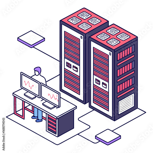 Person monitoring data on computers in front of server racks in a modern data center illustration