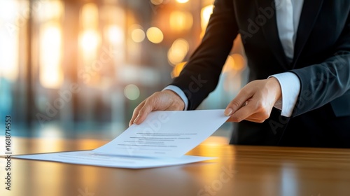 Entrepreneurship Law and Governance. Businessperson Presenting Certificate of Incorporation for Startup Venture in Modern Office Setting with Blurred Background