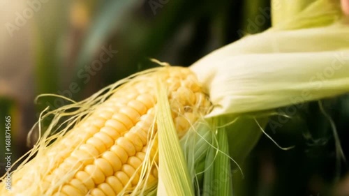 Close-up of freshly harvested corn being peeled in a sunlit field, showcasing the vibrant yellow kernels