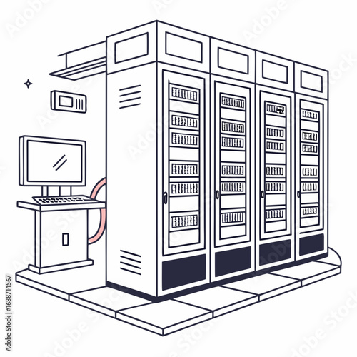 Modern server room with multiple racks and a computer workstation for data management