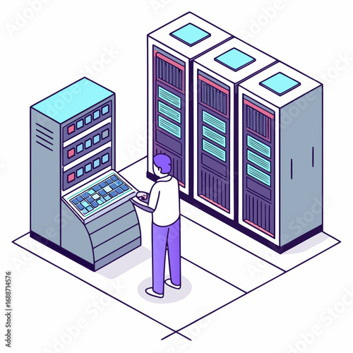 Person operating a computer console in a server room with multiple racks of equipment