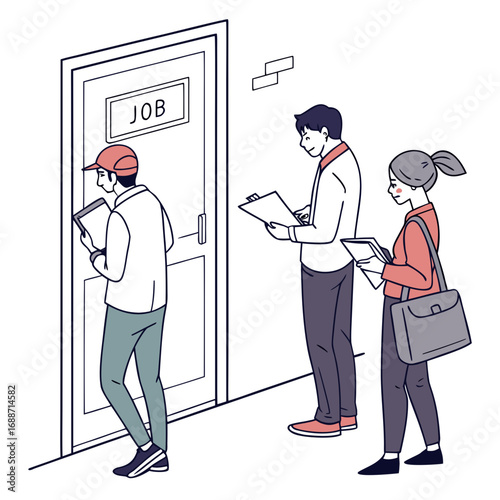 People waiting in line for a job interview outside a door with the word job written on it