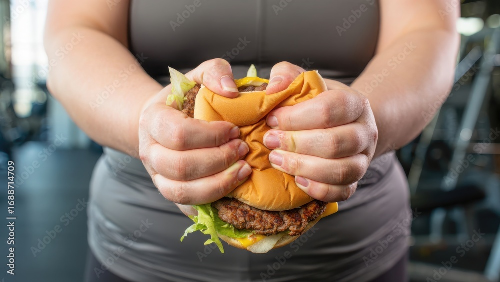 Obraz premium Overweight Person Holding Squeezed Hamburger at Gym Indoor Fitness Center