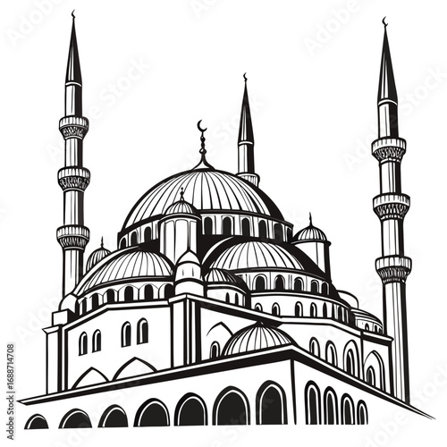 Stylized black and white illustration of a grand mosque with multiple domes and minarets