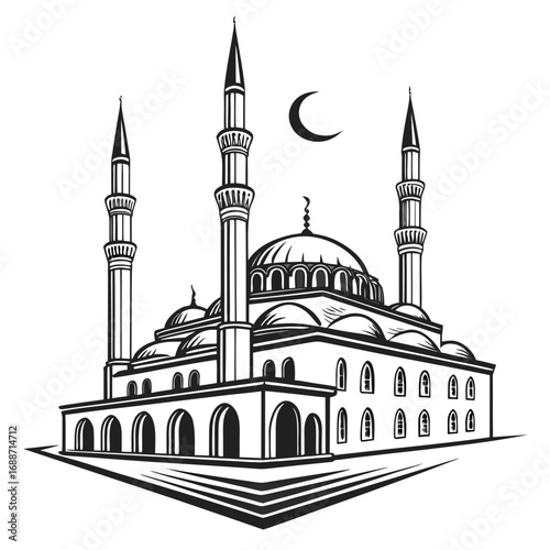 Stylized black and white illustration of a grand mosque with multiple minarets and a crescent moon in the sky
