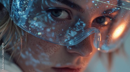 Futuristic portrait of a young woman wearing transparent cyber glasses, neon glow reflections, ultra-realistic face details, sci-fi atmosphere