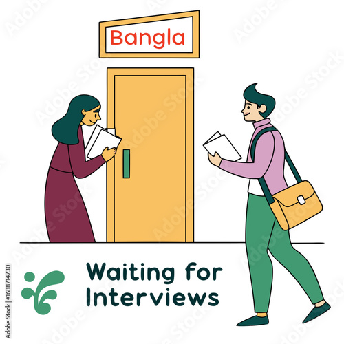 Two diverse people wait patiently outside a door labeled bangla for job interviews holding papers