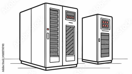 Stylized illustration of two modern white vending machines with grey product displays and red button accents