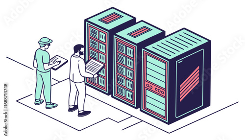 Two it professionals inspecting and managing a row of modern server racks in a data center environment