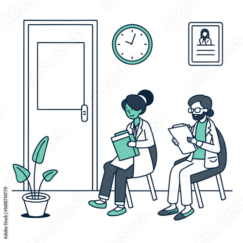 Two medical professionals in lab coats waiting in a doctor s office hallway with a clock and plant