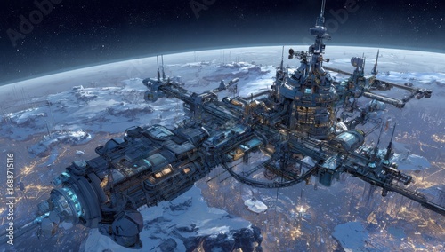 Fototapeta Naklejka Na Ścianę i Meble -  Massive orbital space station, orbiting a snow-covered planet