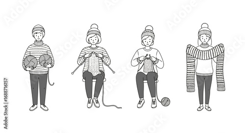 Four stages of knitting a scarf, from holding yarn to finished product, useful for DIY projects, instructional guides, and illustrating crafting hobbies