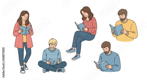 Diverse group of people reading books, perfect for illustrating educational content, book clubs, or promoting a reading culture and literacy initiatives.