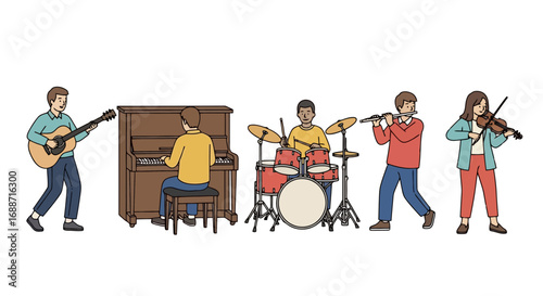 Diverse musicians ensemble performing with guitar, piano, drums, flute, and violin for music education, concerts, and artistic expression